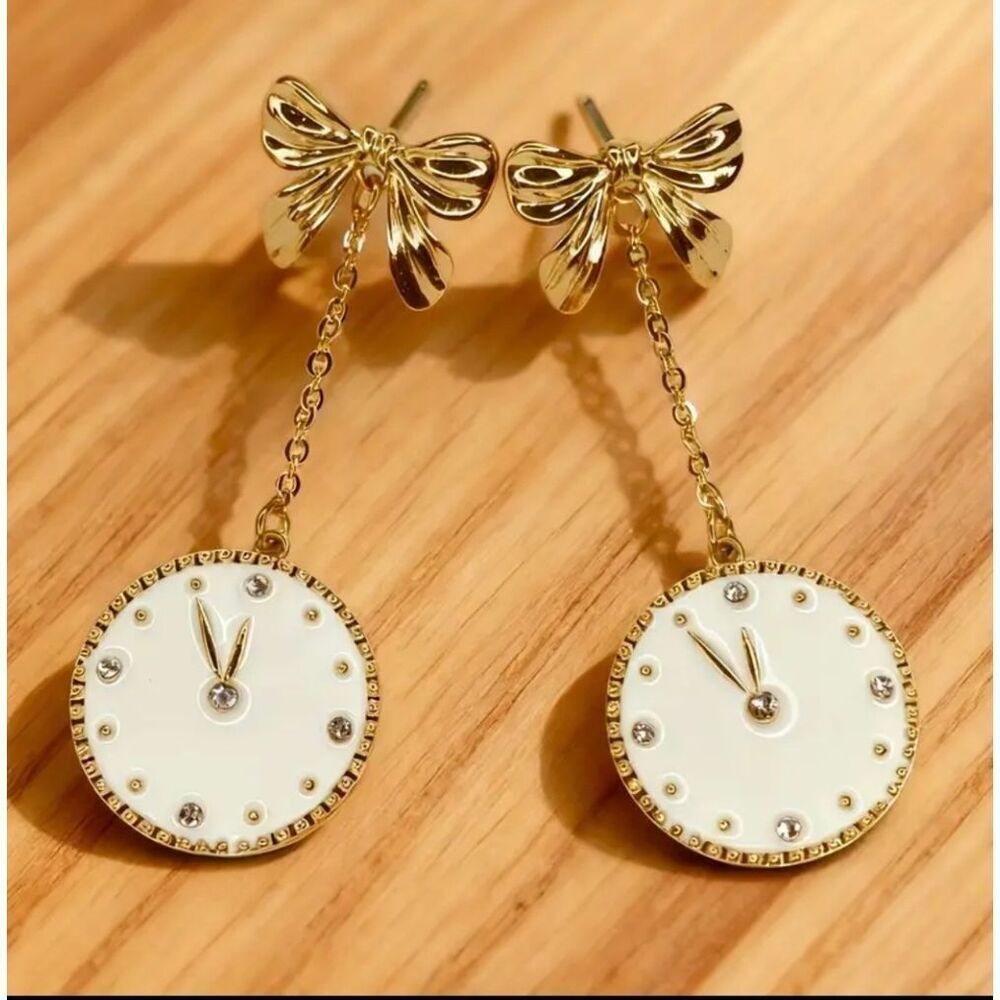 14K Gold Plated Round Oil Drop Inlaid Clock Dangle Earrings
